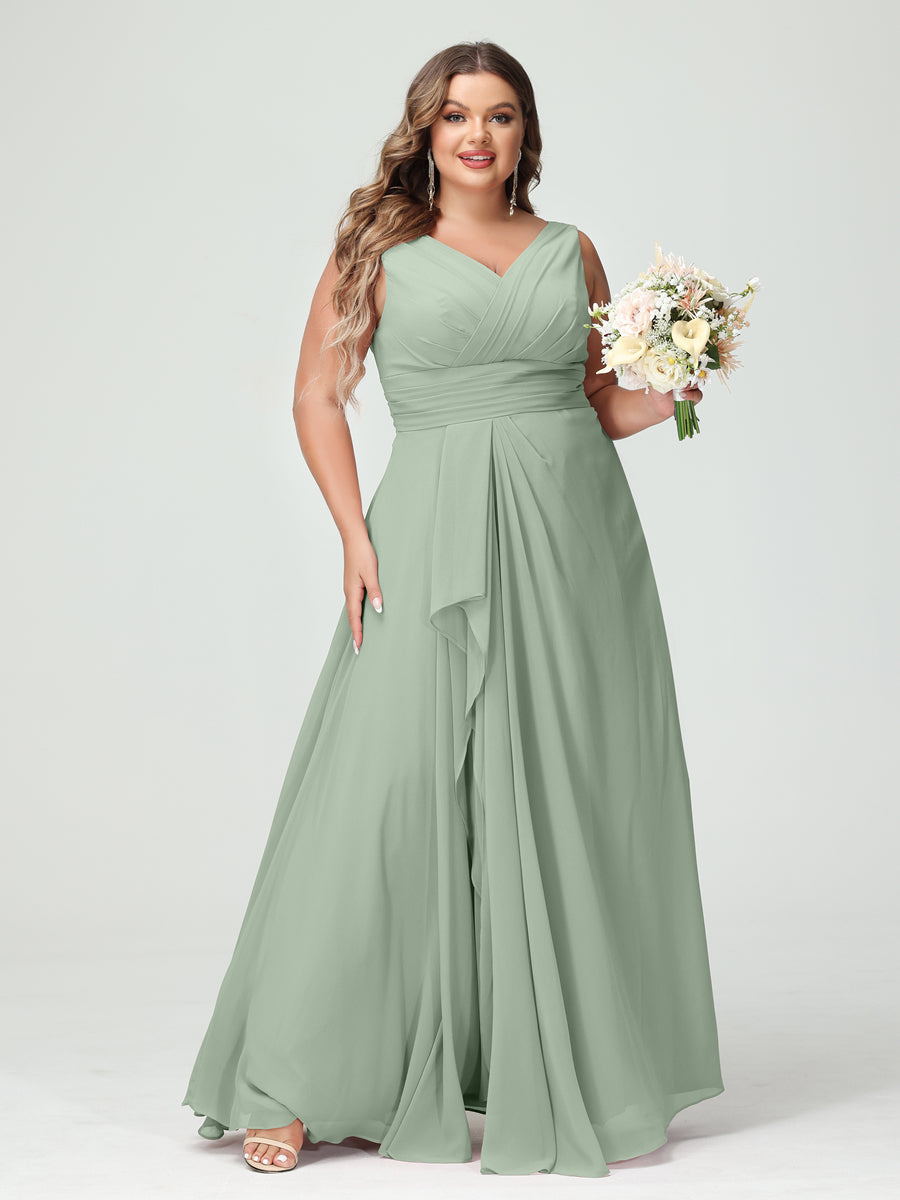 Plus Size Chiffon Bridesmaid Dress with V-Neck, Ruffles, and Pockets in A-Line/Princess Style
