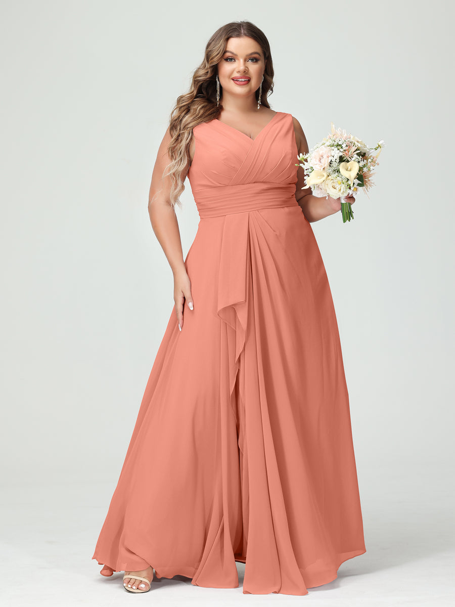 Plus Size Chiffon Bridesmaid Dress with V-Neck, Ruffles, and Pockets in A-Line/Princess Style