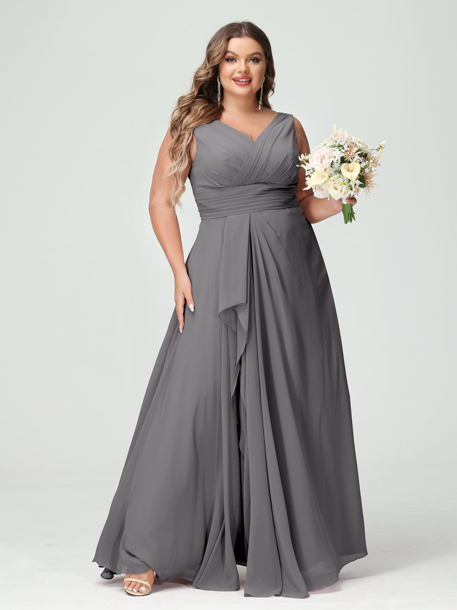 Plus Size Chiffon Bridesmaid Dress with V-Neck, Ruffles, and Pockets in A-Line/Princess Style