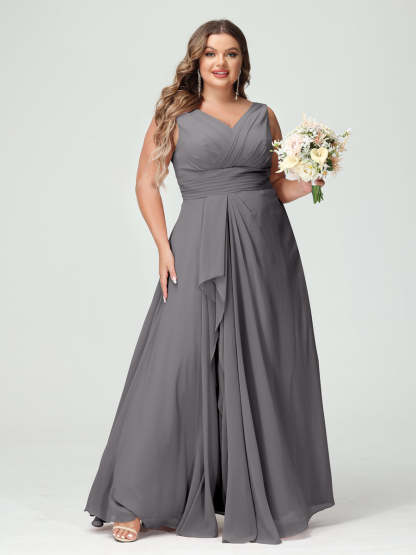 Plus Size Chiffon Bridesmaid Dress with V-Neck, Ruffles, and Pockets in A-Line/Princess Style