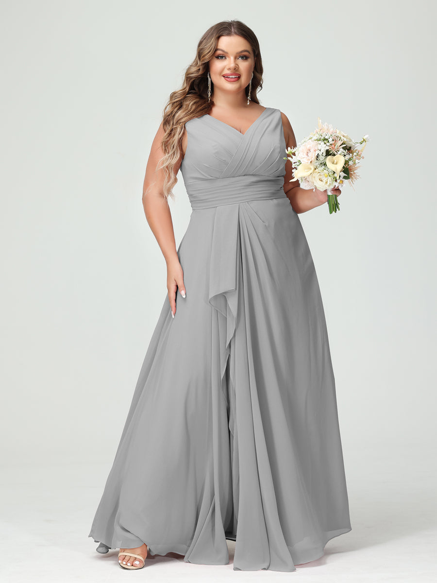 Plus Size Chiffon Bridesmaid Dress with V-Neck, Ruffles, and Pockets in A-Line/Princess Style