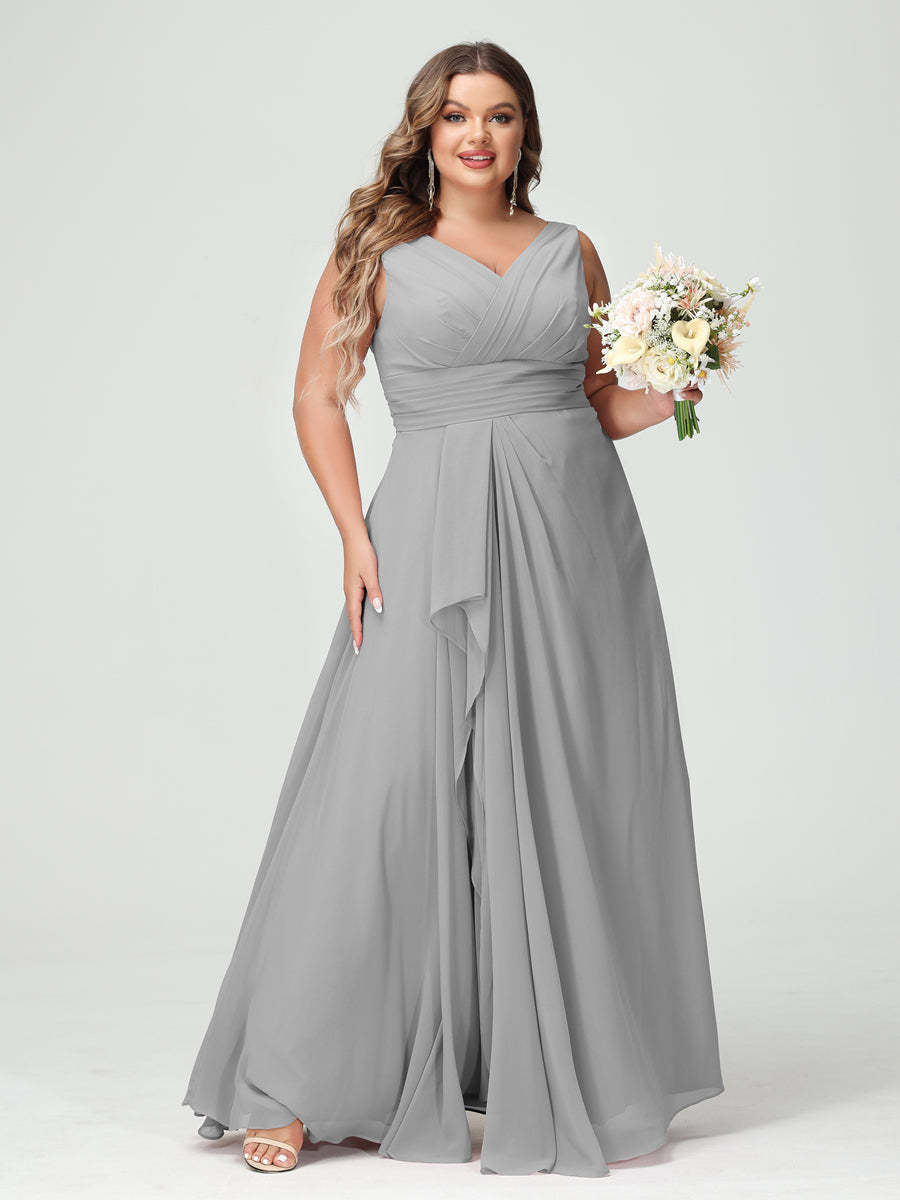 Plus Size Chiffon Bridesmaid Dress with V-Neck, Ruffles, and Pockets in A-Line/Princess Style