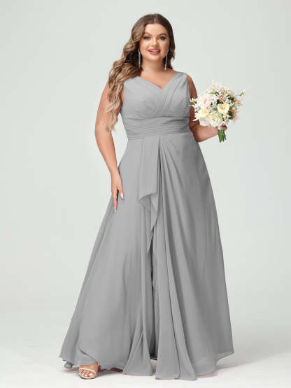 Plus Size Chiffon Bridesmaid Dress with V-Neck, Ruffles, and Pockets in A-Line/Princess Style