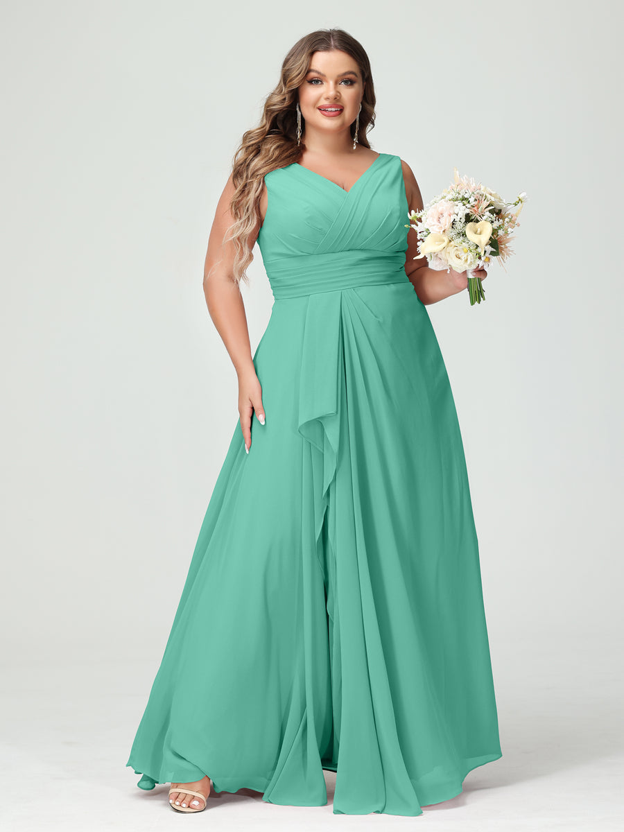 Plus Size Chiffon Bridesmaid Dress with V-Neck, Ruffles, and Pockets in A-Line/Princess Style