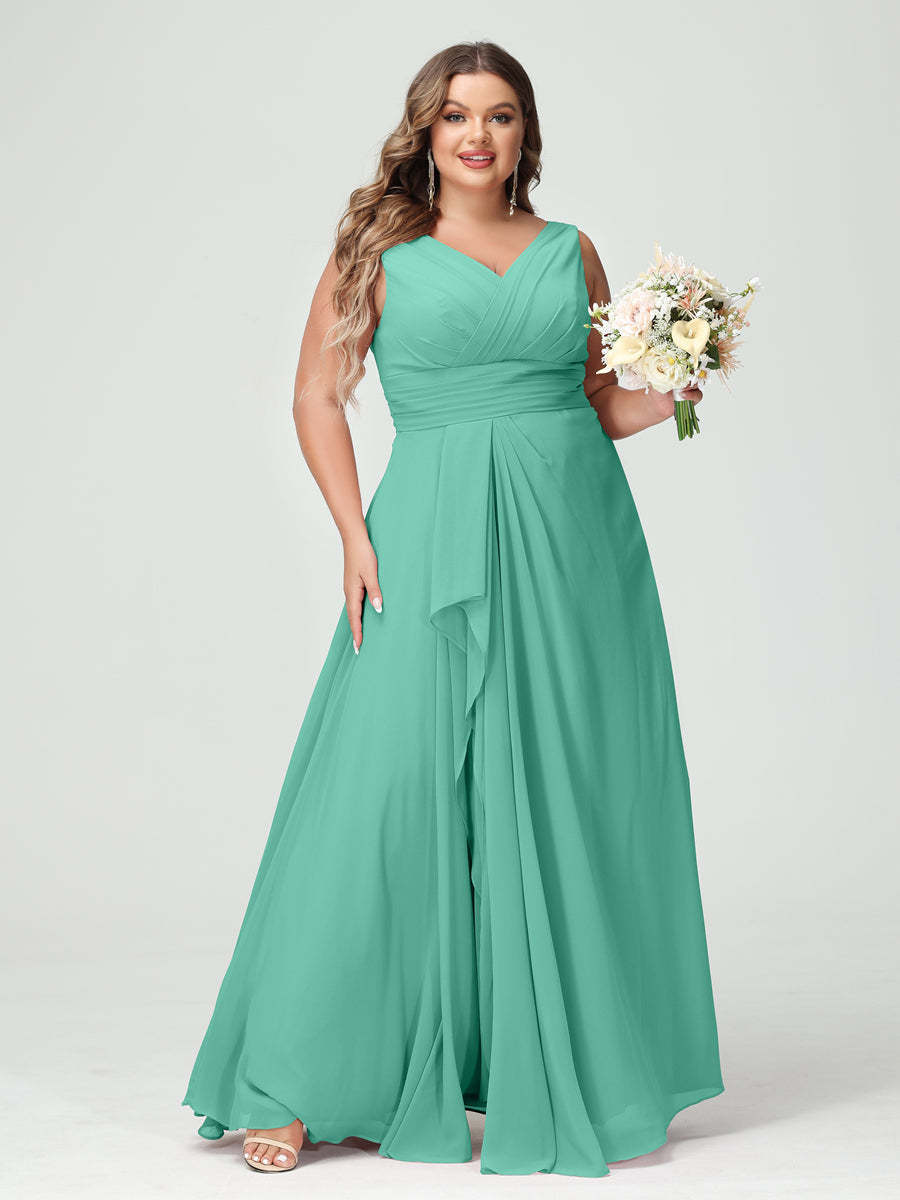 Plus Size Chiffon Bridesmaid Dress with V-Neck, Ruffles, and Pockets in A-Line/Princess Style