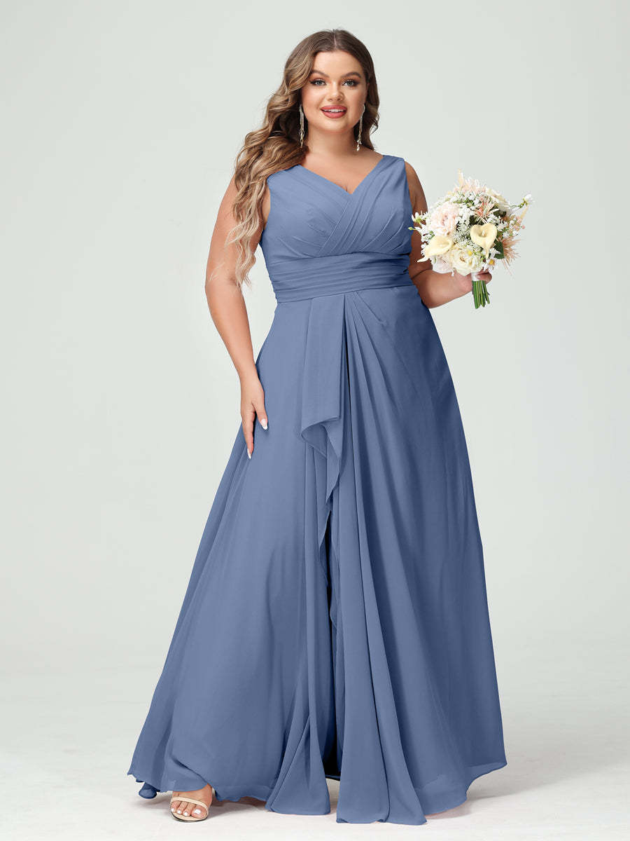 Plus Size Chiffon Bridesmaid Dress with V-Neck, Ruffles, and Pockets in A-Line/Princess Style