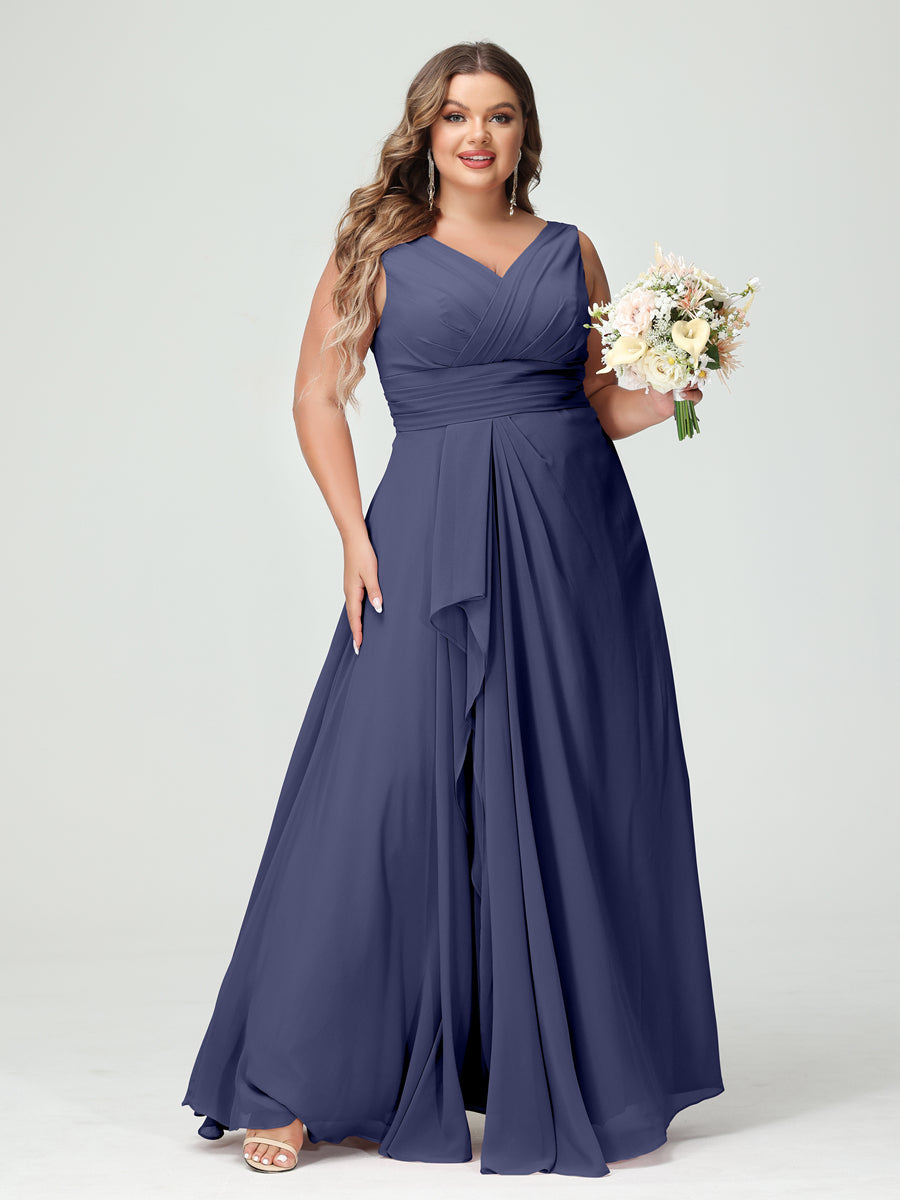 Plus Size Chiffon Bridesmaid Dress with V-Neck, Ruffles, and Pockets in A-Line/Princess Style