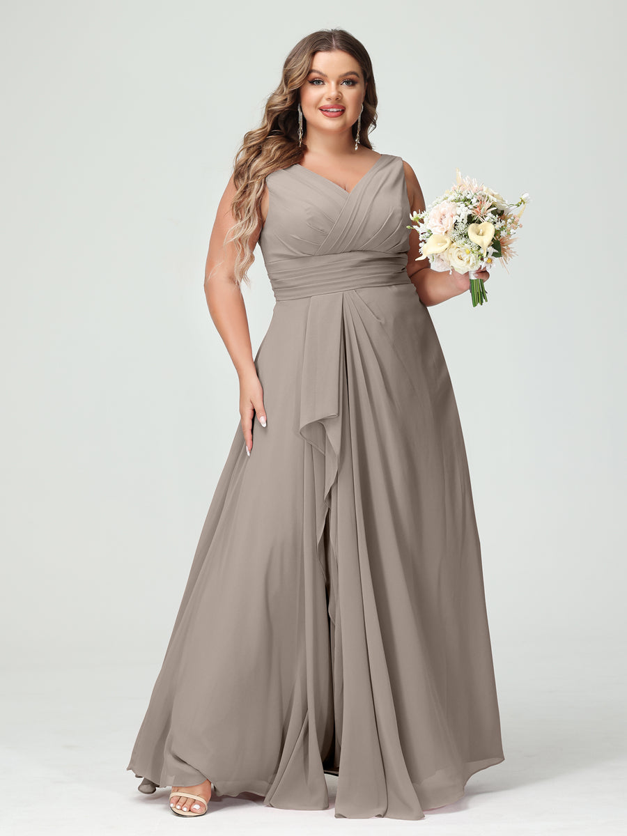 Plus Size Chiffon Bridesmaid Dress with V-Neck, Ruffles, and Pockets in A-Line/Princess Style