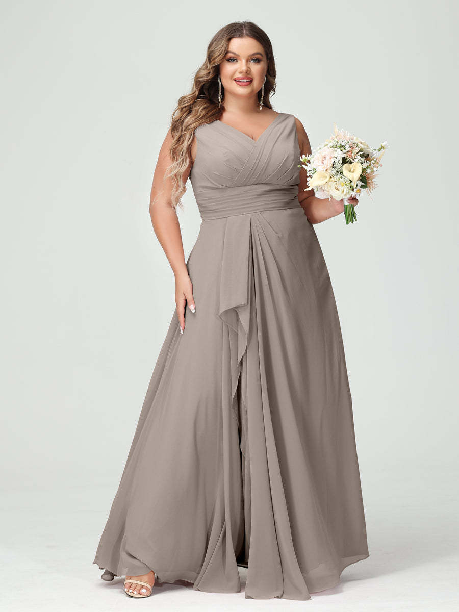 Plus Size Chiffon Bridesmaid Dress with V-Neck, Ruffles, and Pockets in A-Line/Princess Style