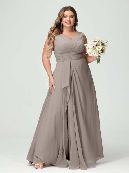 Plus Size Chiffon Bridesmaid Dress with V-Neck, Ruffles, and Pockets in A-Line/Princess Style