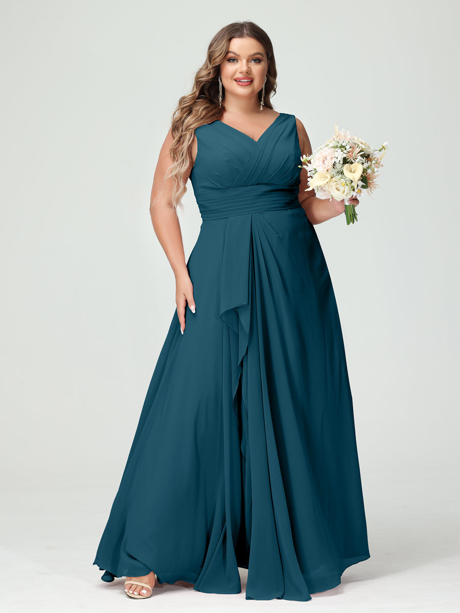 Plus Size Chiffon Bridesmaid Dress with V-Neck, Ruffles, and Pockets in A-Line/Princess Style
