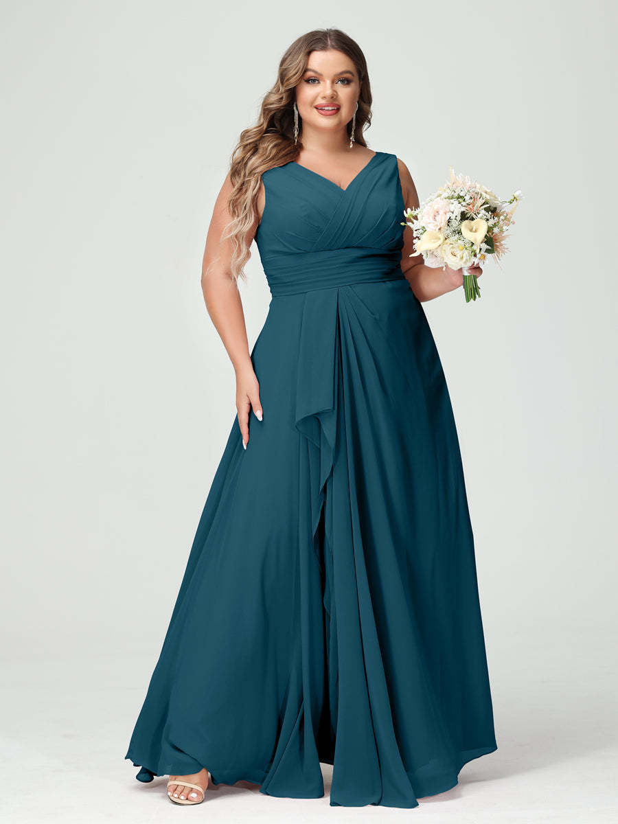 Plus Size Chiffon Bridesmaid Dress with V-Neck, Ruffles, and Pockets in A-Line/Princess Style
