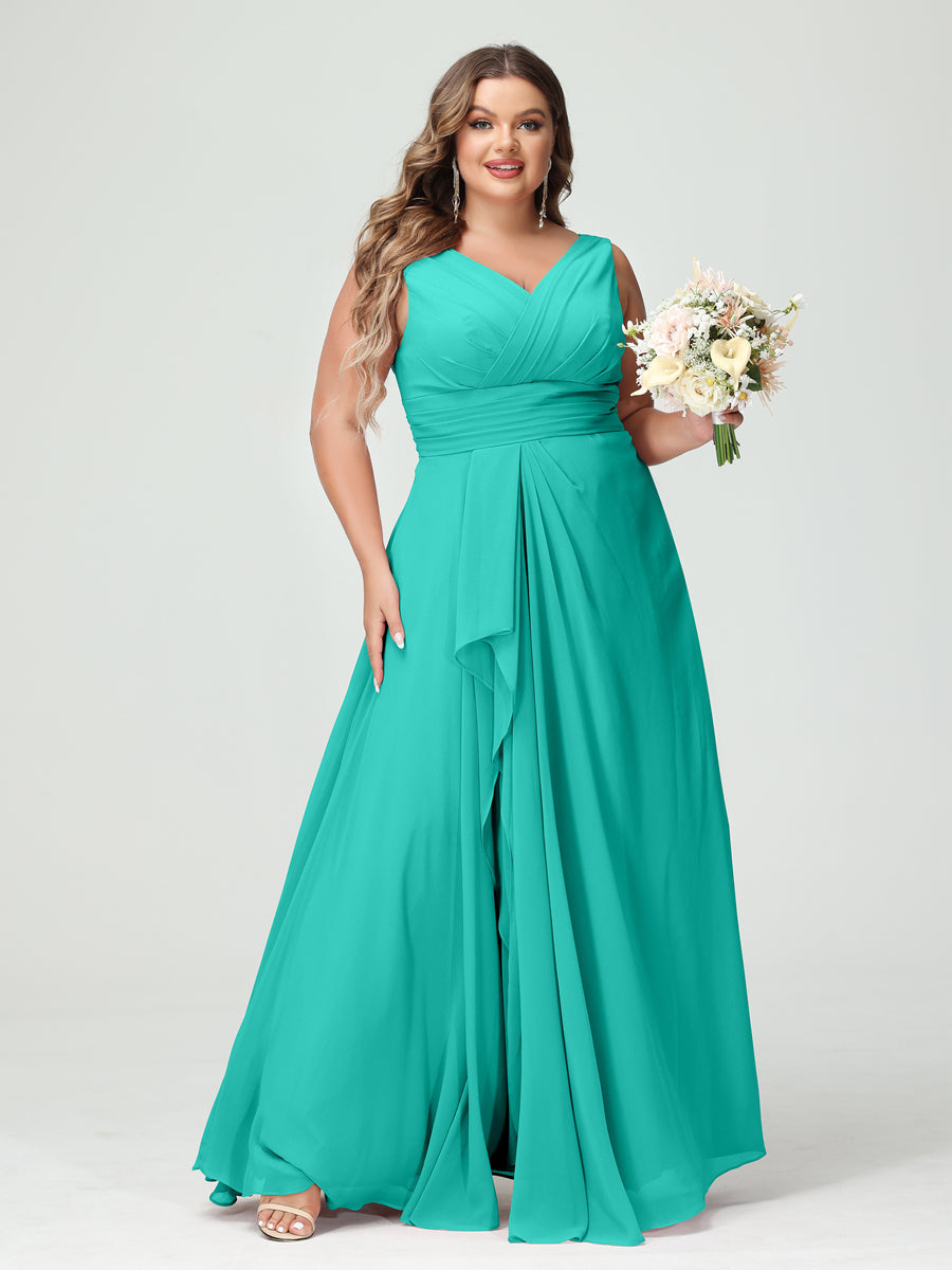 Plus Size Chiffon Bridesmaid Dress with V-Neck, Ruffles, and Pockets in A-Line/Princess Style