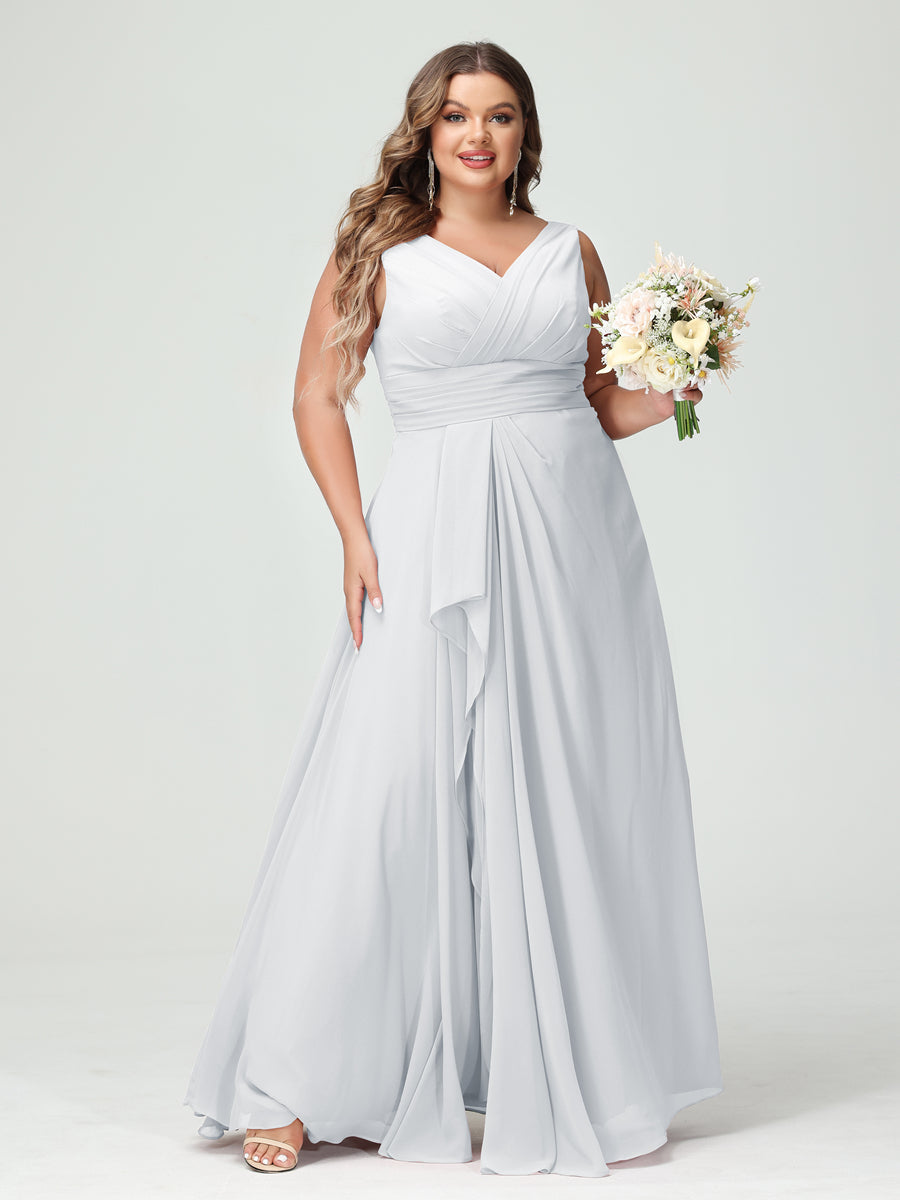 Plus Size Chiffon Bridesmaid Dress with V-Neck, Ruffles, and Pockets in A-Line/Princess Style