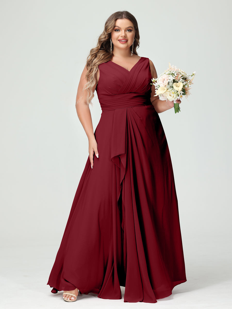 Plus Size Chiffon Bridesmaid Dress with V-Neck, Ruffles, and Pockets in A-Line/Princess Style