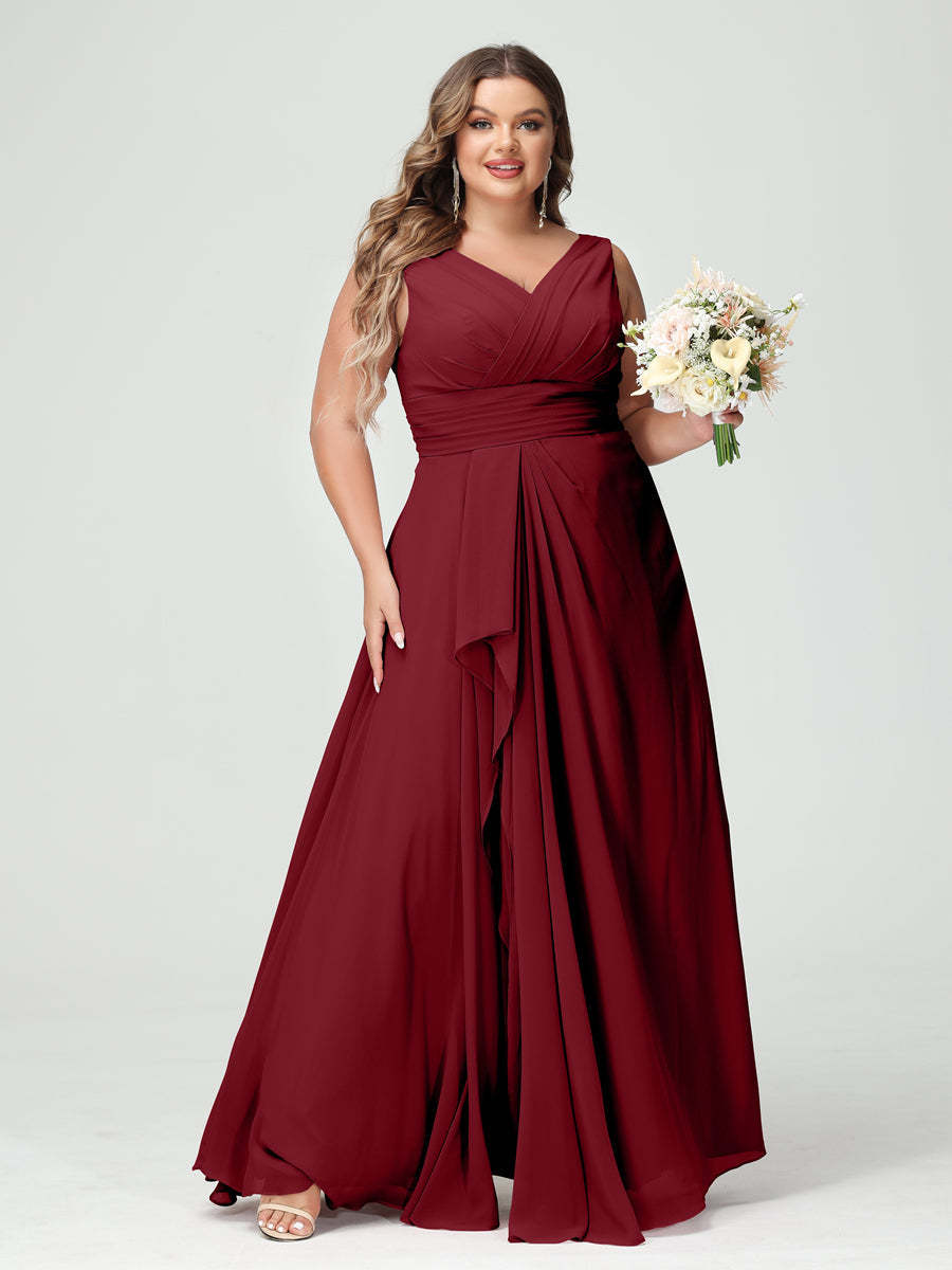 Plus Size Chiffon Bridesmaid Dress with V-Neck, Ruffles, and Pockets in A-Line/Princess Style