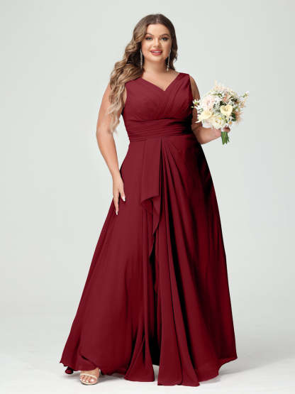 Plus Size Chiffon Bridesmaid Dress with V-Neck, Ruffles, and Pockets in A-Line/Princess Style