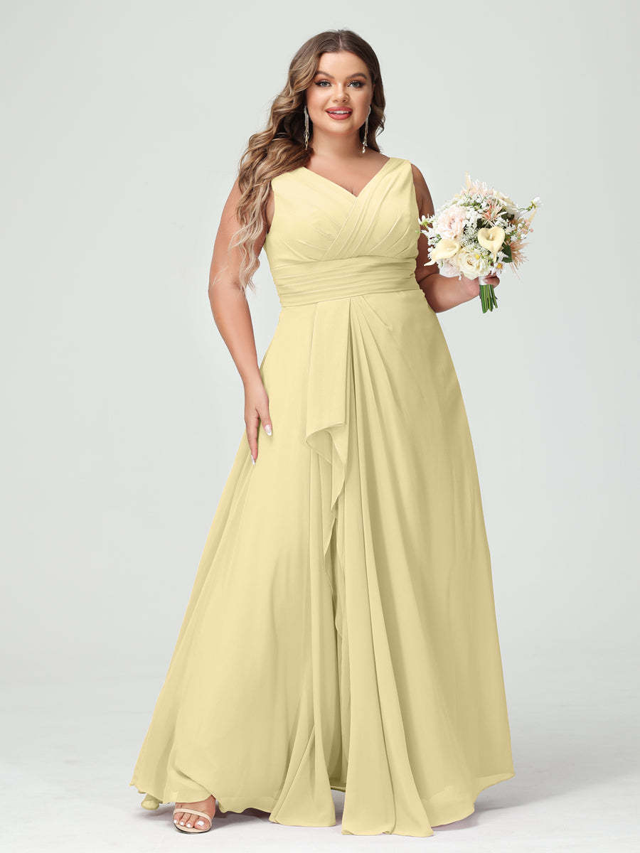 Plus Size Chiffon Bridesmaid Dress with V-Neck, Ruffles, and Pockets in A-Line/Princess Style