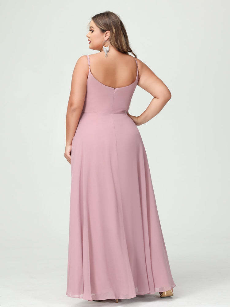 Plus Size Chiffon Bridesmaid Dress with Spaghetti Straps, A-Line Princess Cut, Sleeveless with Pockets and Side Split-BMbridal.UK