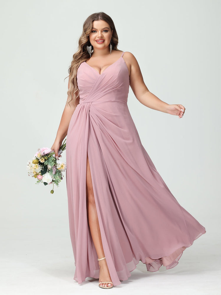 Plus Size Chiffon Bridesmaid Dress with Spaghetti Straps, A-Line Princess Cut, Sleeveless with Pockets and Side Split-BMbridal.UK
