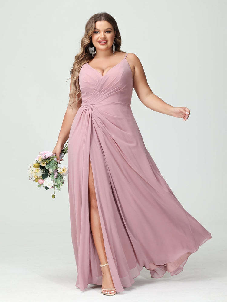 Plus Size Chiffon Bridesmaid Dress with Spaghetti Straps, A-Line Princess Cut, Sleeveless with Pockets and Side Split-BMbridal.UK