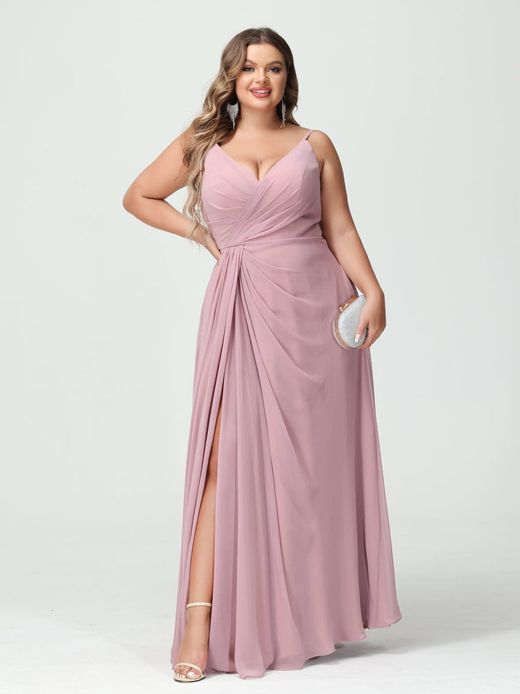 Plus Size Chiffon Bridesmaid Dress with Spaghetti Straps, A-Line Princess Cut, Sleeveless with Pockets and Side Split-BMbridal.UK