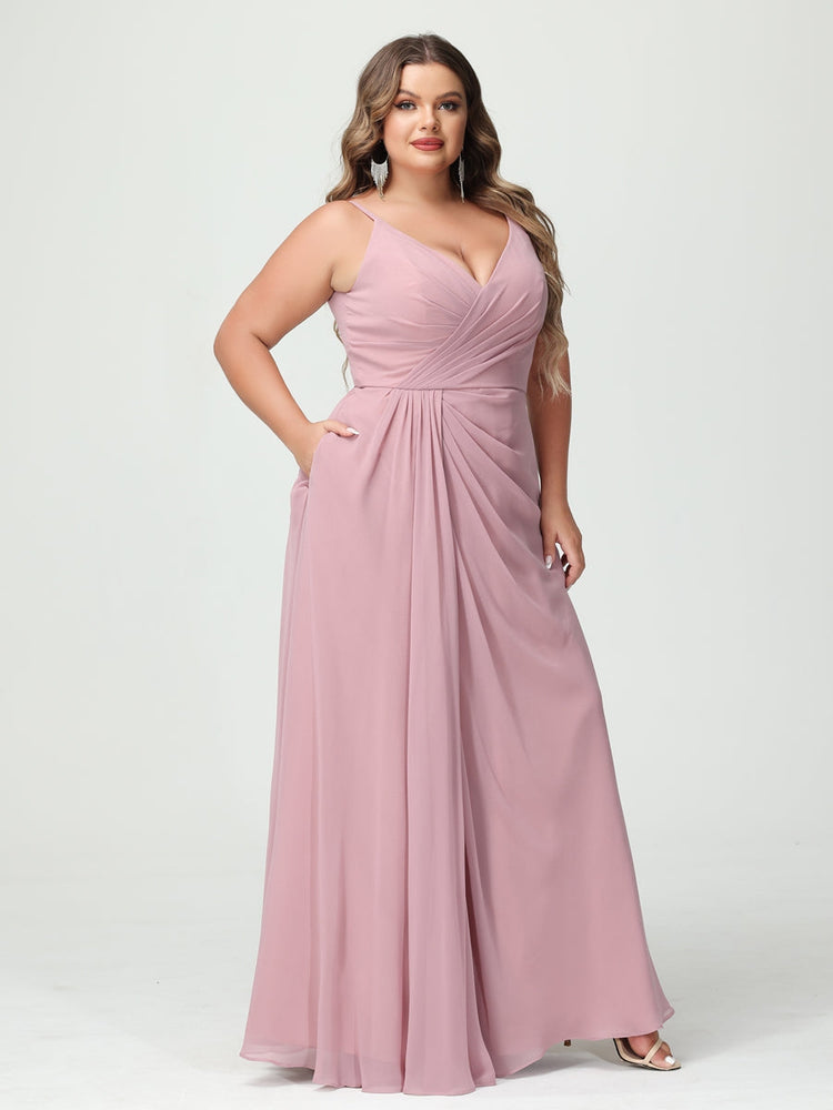Plus Size Chiffon Bridesmaid Dress with Spaghetti Straps, A-Line Princess Cut, Sleeveless with Pockets and Side Split-BMbridal.UK