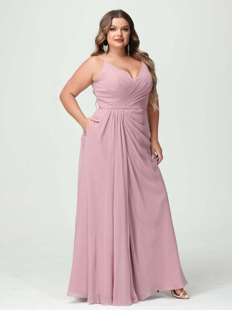 Plus Size Chiffon Bridesmaid Dress with Spaghetti Straps, A-Line Princess Cut, Sleeveless with Pockets and Side Split-BMbridal.UK