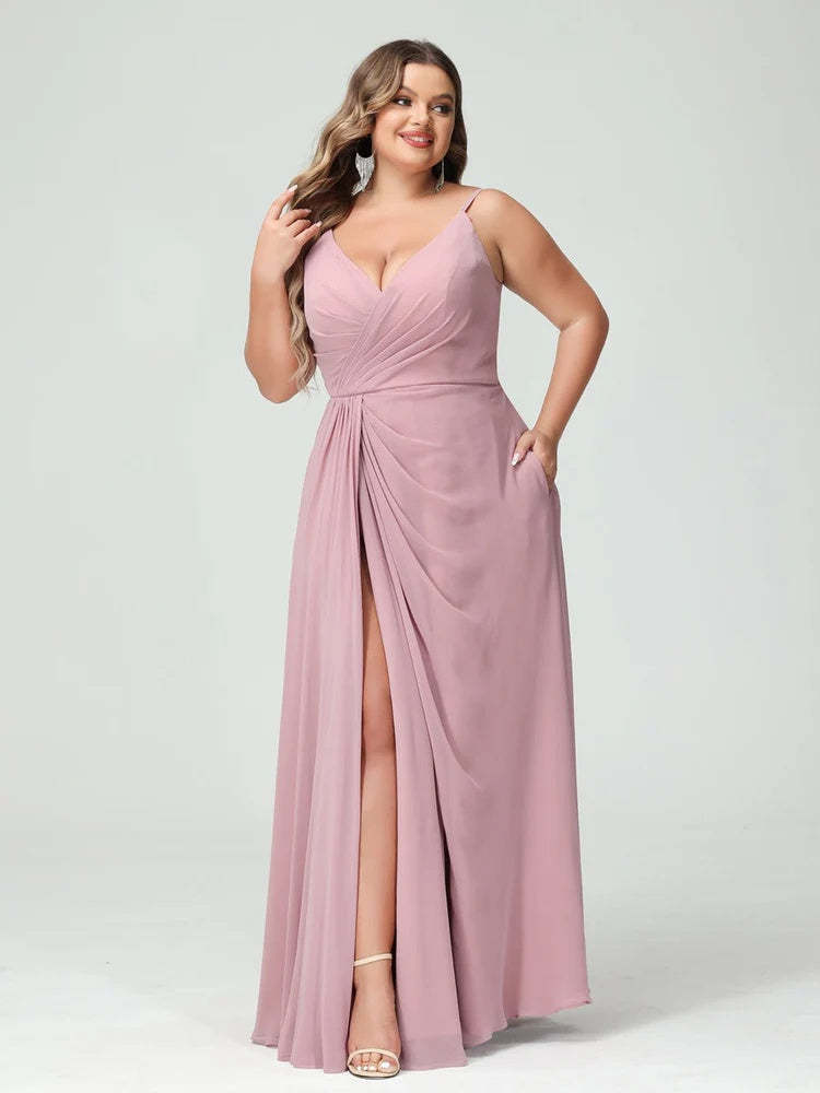 Plus Size Chiffon Bridesmaid Dress with Spaghetti Straps, A-Line Princess Cut, Sleeveless with Pockets and Side Split-BMbridal.UK