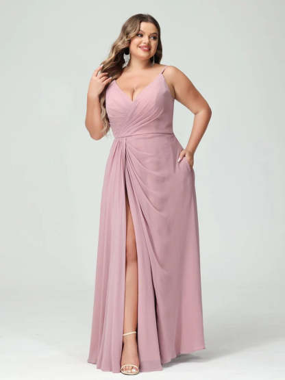 Plus Size Chiffon Bridesmaid Dress with Spaghetti Straps, A-Line Princess Cut, Sleeveless with Pockets and Side Split-BMbridal.UK