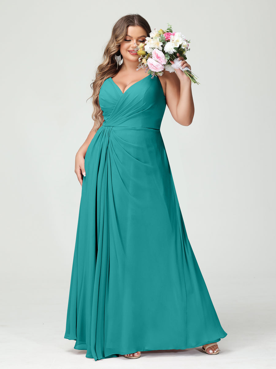 Plus Size Chiffon Bridesmaid Dress with Spaghetti Straps, A-Line Princess Cut, Sleeveless with Pockets and Side Split-BMbridal.UK
