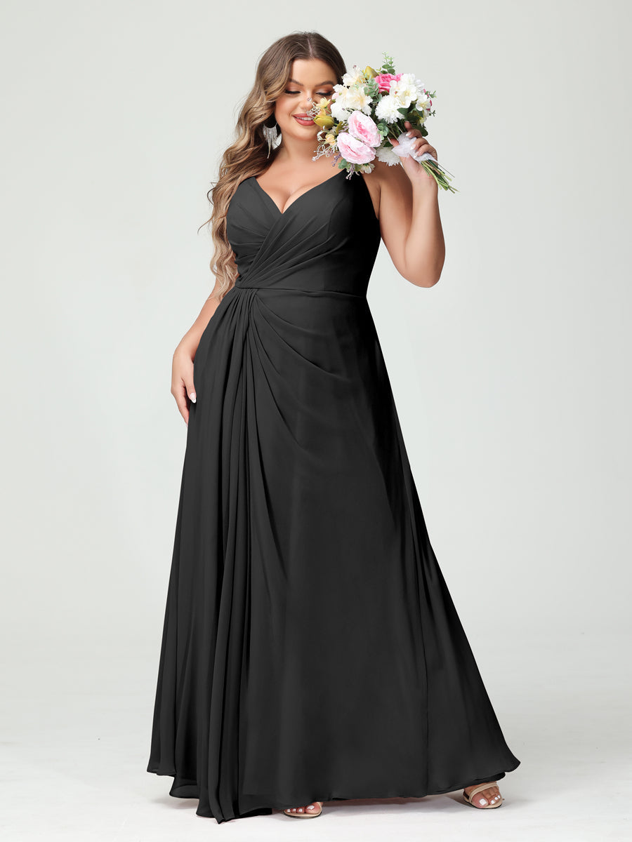 Plus Size Chiffon Bridesmaid Dress with Spaghetti Straps, A-Line Princess Cut, Sleeveless with Pockets and Side Split-BMbridal.UK