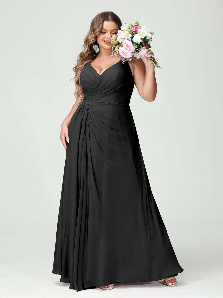 Plus Size Chiffon Bridesmaid Dress with Spaghetti Straps, A-Line Princess Cut, Sleeveless with Pockets and Side Split-BMbridal.UK