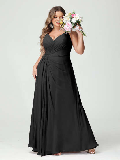 Plus Size Chiffon Bridesmaid Dress with Spaghetti Straps, A-Line Princess Cut, Sleeveless with Pockets and Side Split-BMbridal.UK