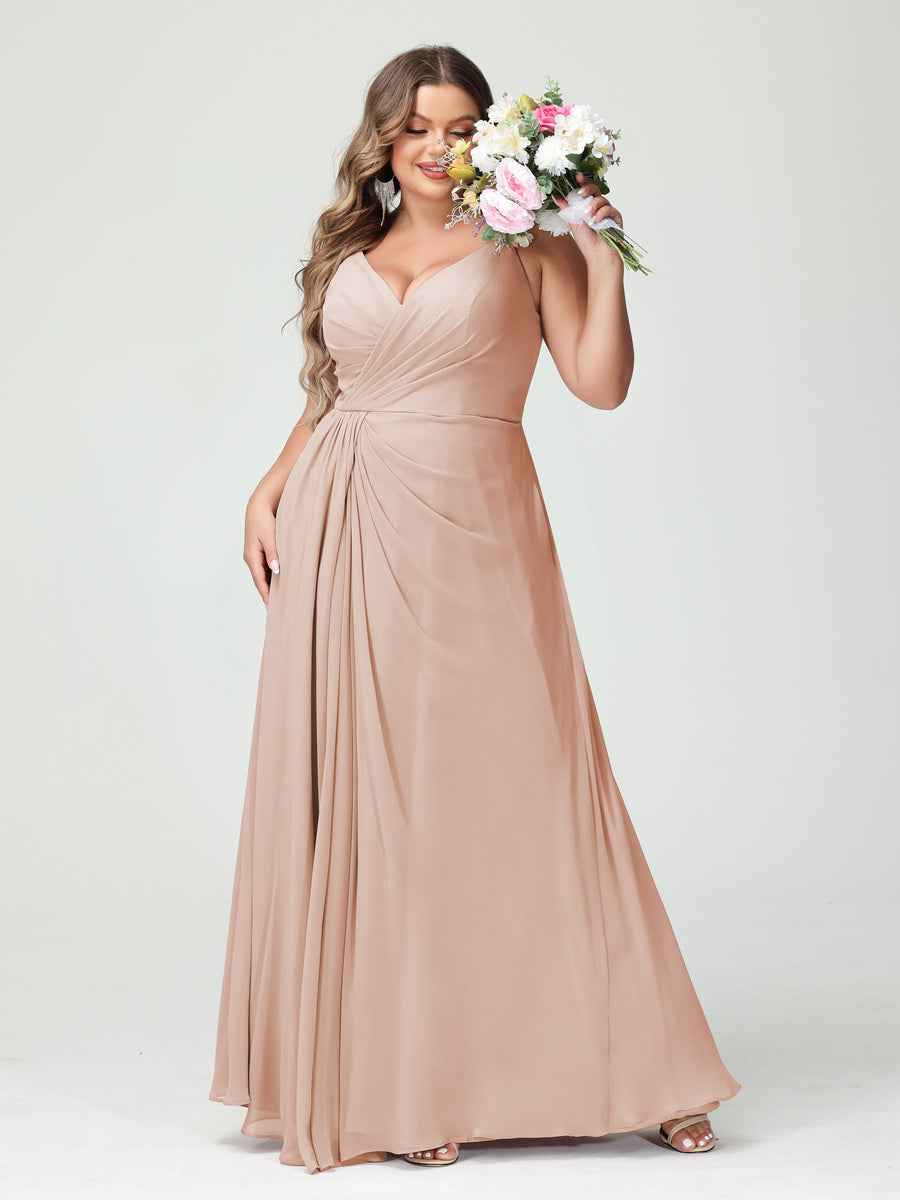 Plus Size Chiffon Bridesmaid Dress with Spaghetti Straps, A-Line Princess Cut, Sleeveless with Pockets and Side Split-BMbridal.UK