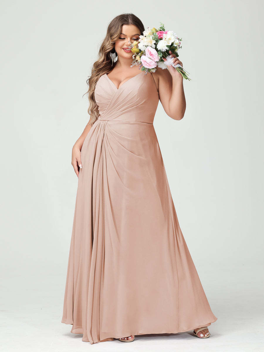Plus Size Chiffon Bridesmaid Dress with Spaghetti Straps, A-Line Princess Cut, Sleeveless with Pockets and Side Split-BMbridal.UK