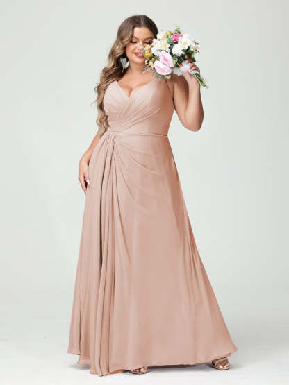 Plus Size Chiffon Bridesmaid Dress with Spaghetti Straps, A-Line Princess Cut, Sleeveless with Pockets and Side Split-BMbridal.UK
