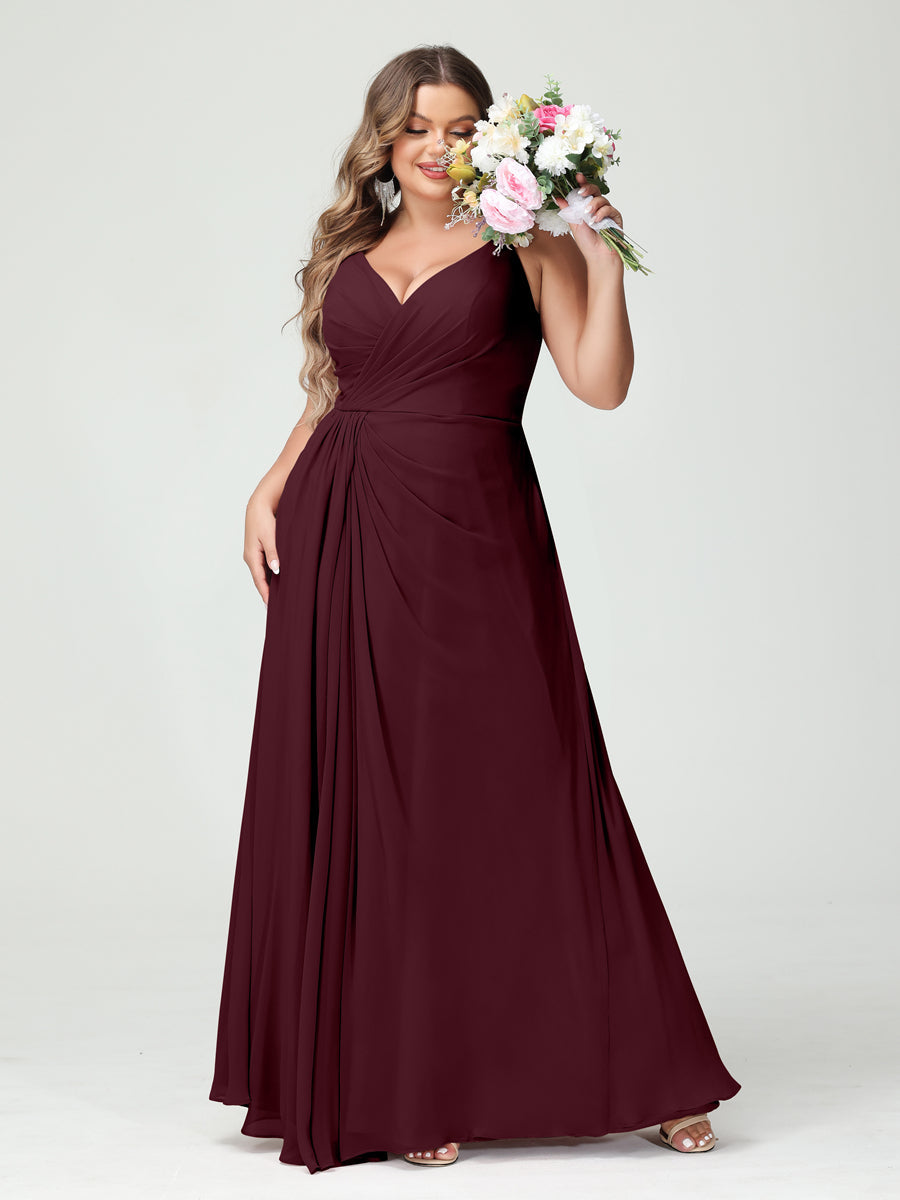 Plus Size Chiffon Bridesmaid Dress with Spaghetti Straps, A-Line Princess Cut, Sleeveless with Pockets and Side Split-BMbridal.UK