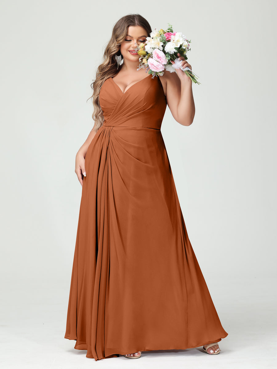 Plus Size Chiffon Bridesmaid Dress with Spaghetti Straps, A-Line Princess Cut, Sleeveless with Pockets and Side Split-BMbridal.UK