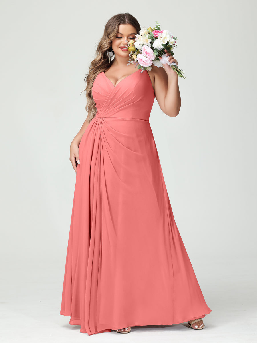 Plus Size Chiffon Bridesmaid Dress with Spaghetti Straps, A-Line Princess Cut, Sleeveless with Pockets and Side Split-BMbridal.UK