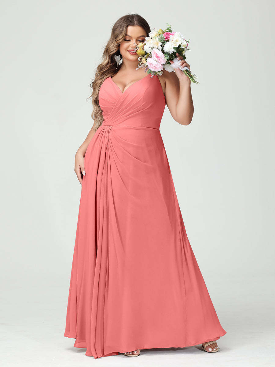 Plus Size Chiffon Bridesmaid Dress with Spaghetti Straps, A-Line Princess Cut, Sleeveless with Pockets and Side Split-BMbridal.UK
