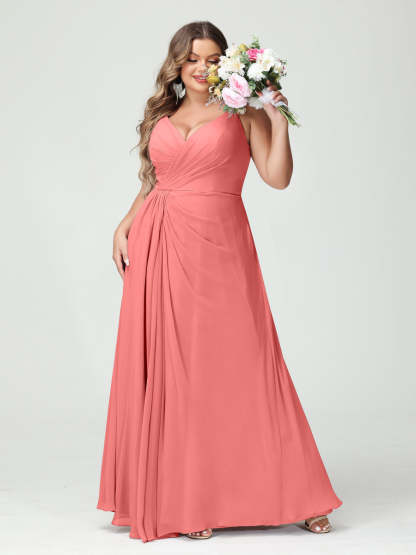Plus Size Chiffon Bridesmaid Dress with Spaghetti Straps, A-Line Princess Cut, Sleeveless with Pockets and Side Split-BMbridal.UK