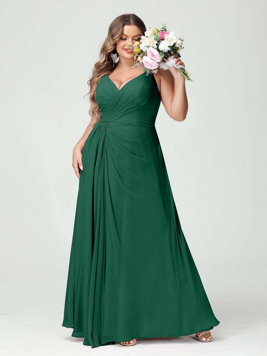 Plus Size Chiffon Bridesmaid Dress with Spaghetti Straps, A-Line Princess Cut, Sleeveless with Pockets and Side Split-BMbridal.UK