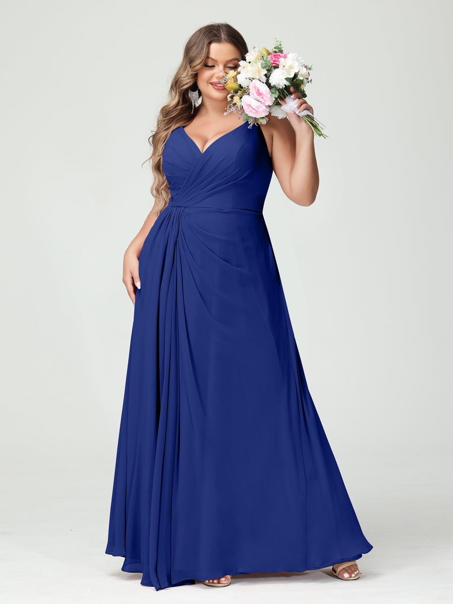 Plus Size Chiffon Bridesmaid Dress with Spaghetti Straps, A-Line Princess Cut, Sleeveless with Pockets and Side Split-BMbridal.UK
