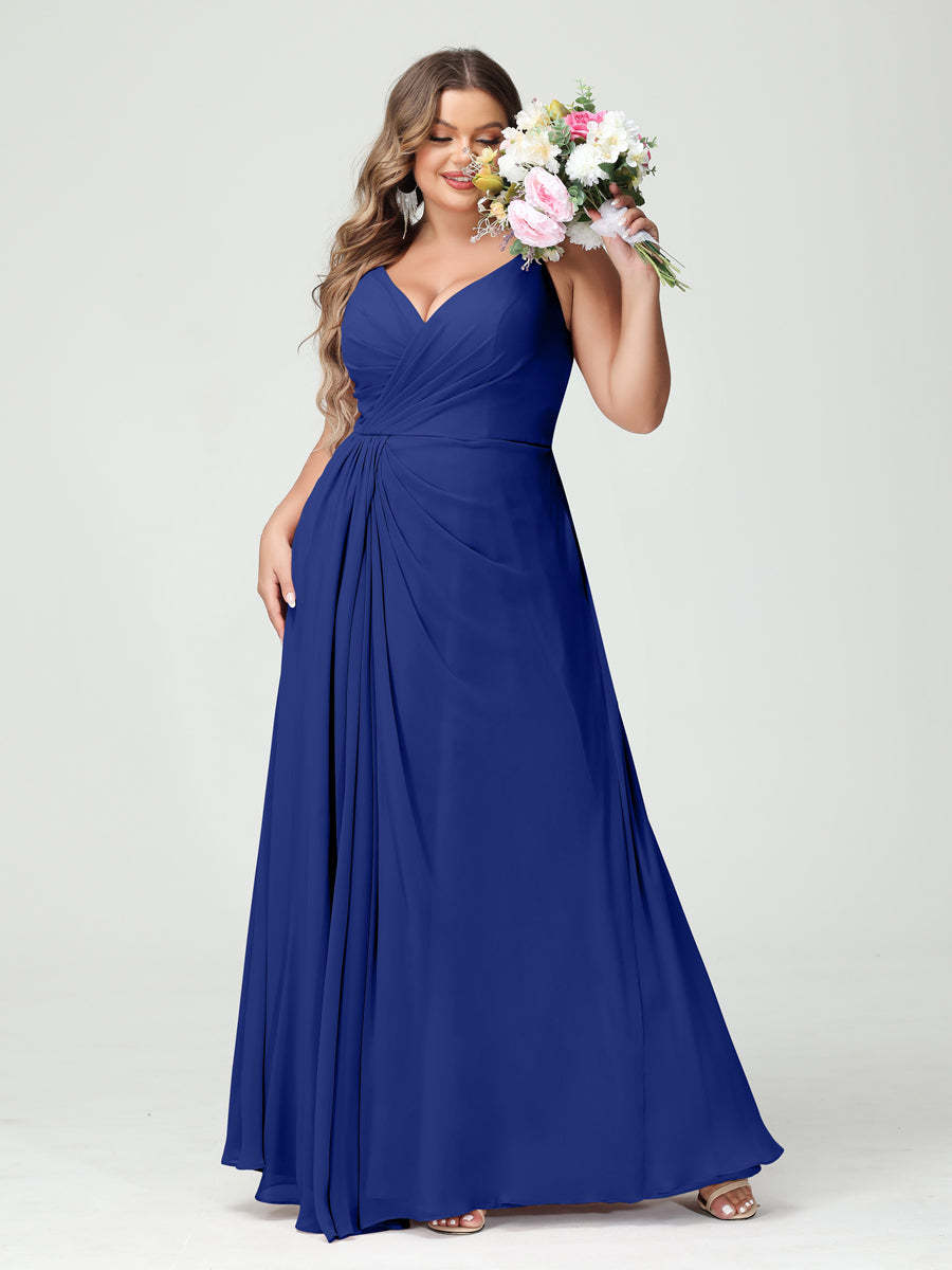 Plus Size Chiffon Bridesmaid Dress with Spaghetti Straps, A-Line Princess Cut, Sleeveless with Pockets and Side Split-BMbridal.UK