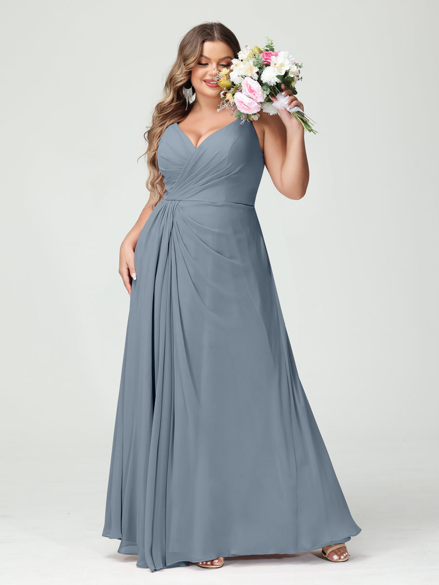 Plus Size Chiffon Bridesmaid Dress with Spaghetti Straps, A-Line Princess Cut, Sleeveless with Pockets and Side Split-BMbridal.UK