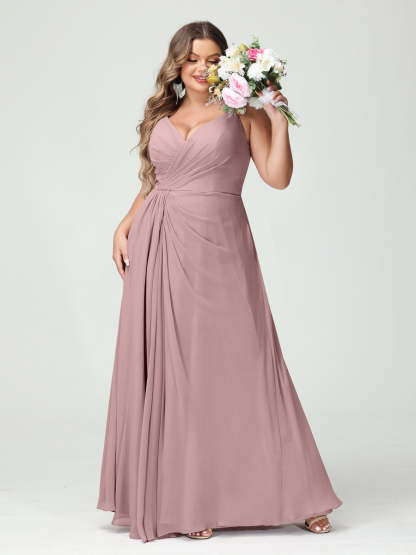 Plus Size Chiffon Bridesmaid Dress with Spaghetti Straps, A-Line Princess Cut, Sleeveless with Pockets and Side Split-BMbridal.UK