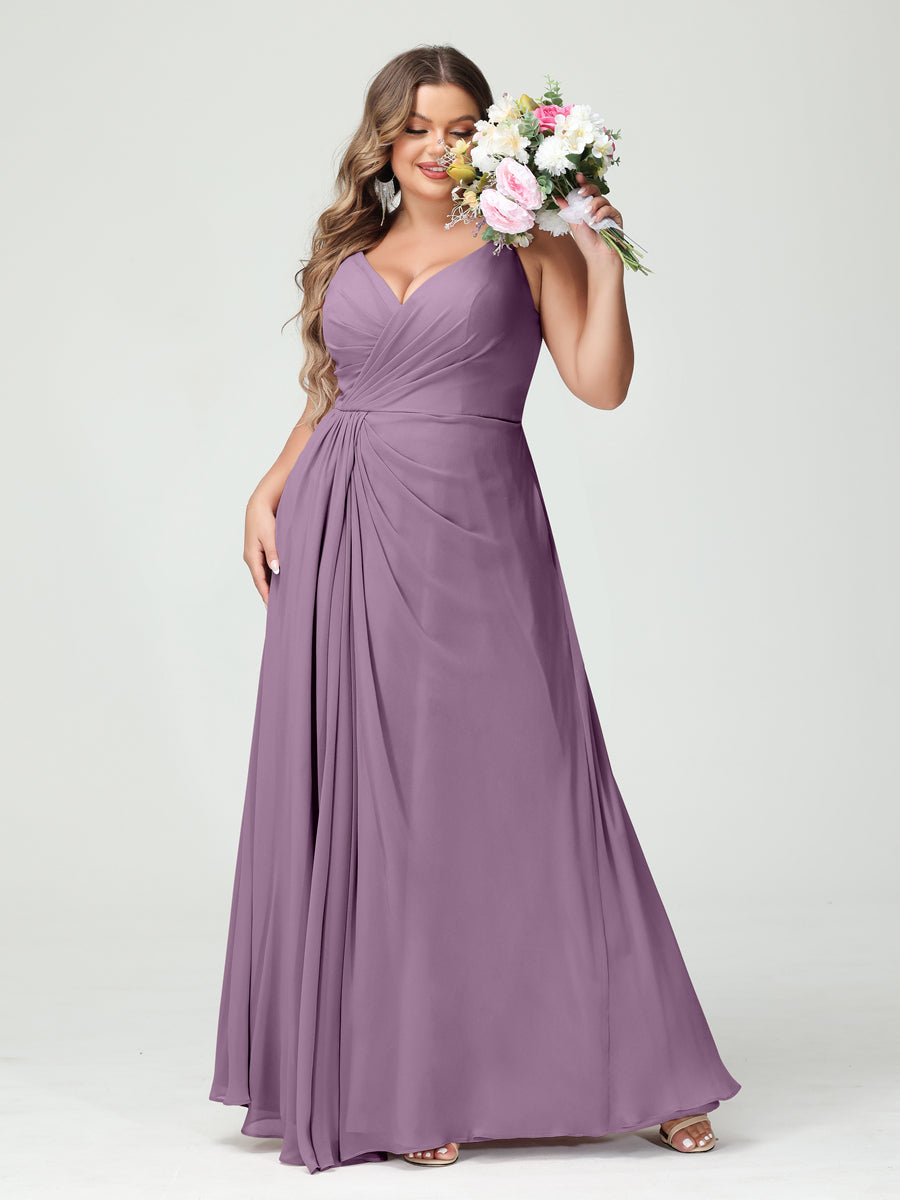 Plus Size Chiffon Bridesmaid Dress with Spaghetti Straps, A-Line Princess Cut, Sleeveless with Pockets and Side Split-BMbridal.UK