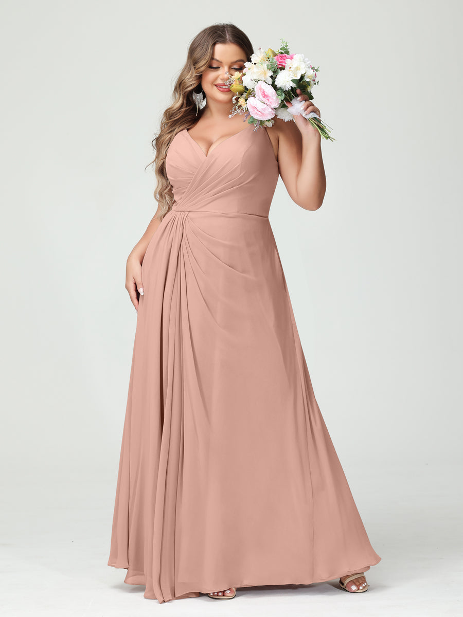 Plus Size Chiffon Bridesmaid Dress with Spaghetti Straps, A-Line Princess Cut, Sleeveless with Pockets and Side Split-BMbridal.UK