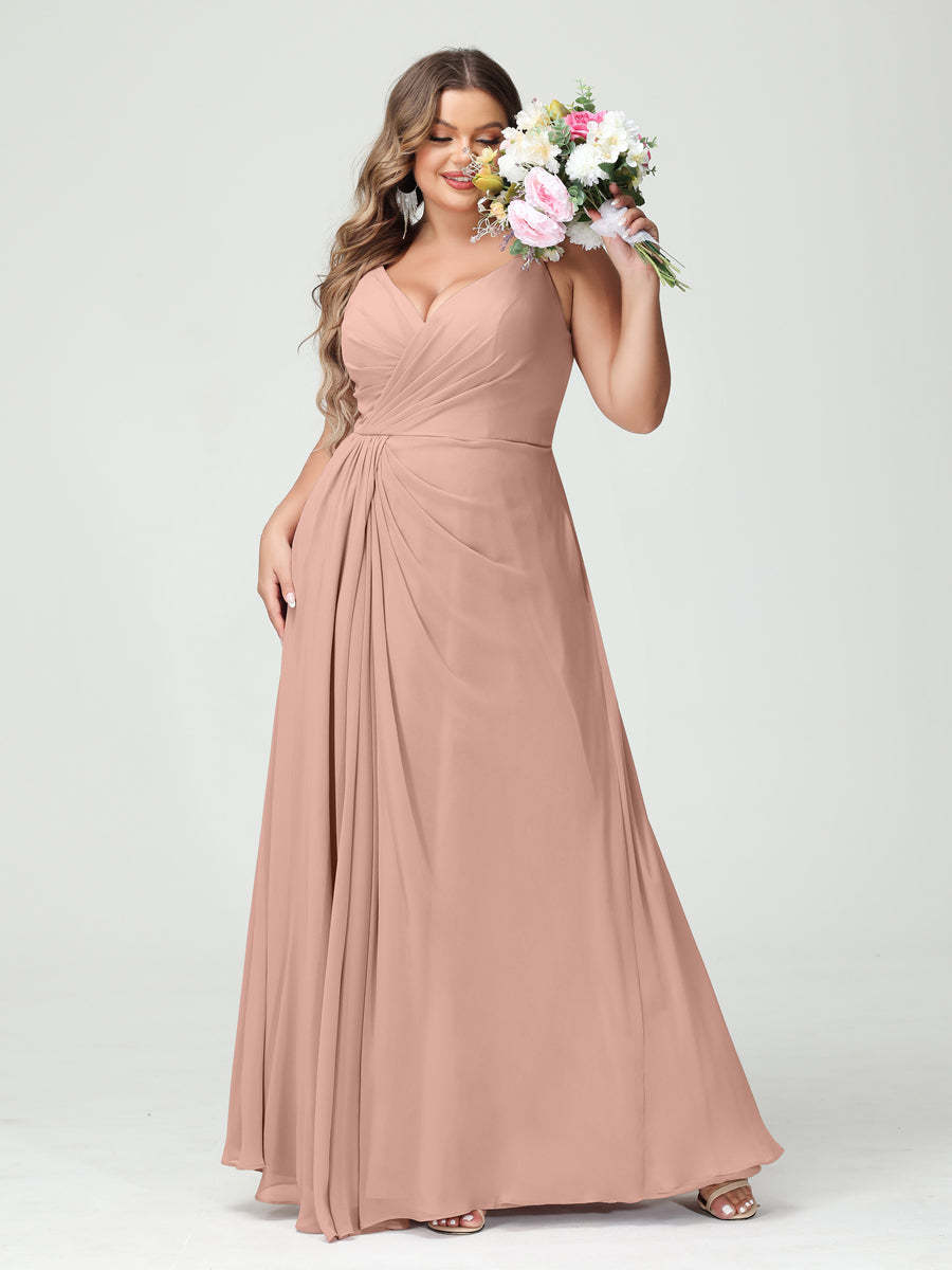 Plus Size Chiffon Bridesmaid Dress with Spaghetti Straps, A-Line Princess Cut, Sleeveless with Pockets and Side Split-BMbridal.UK